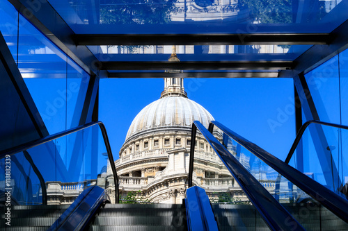 St Pauls Cathedral seen from an escalator exiting from One New Change building in London