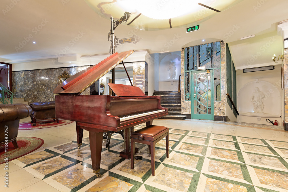 Picture of Interior of a luxury hotel lobby with piano Stock Photo | Adobe Stock