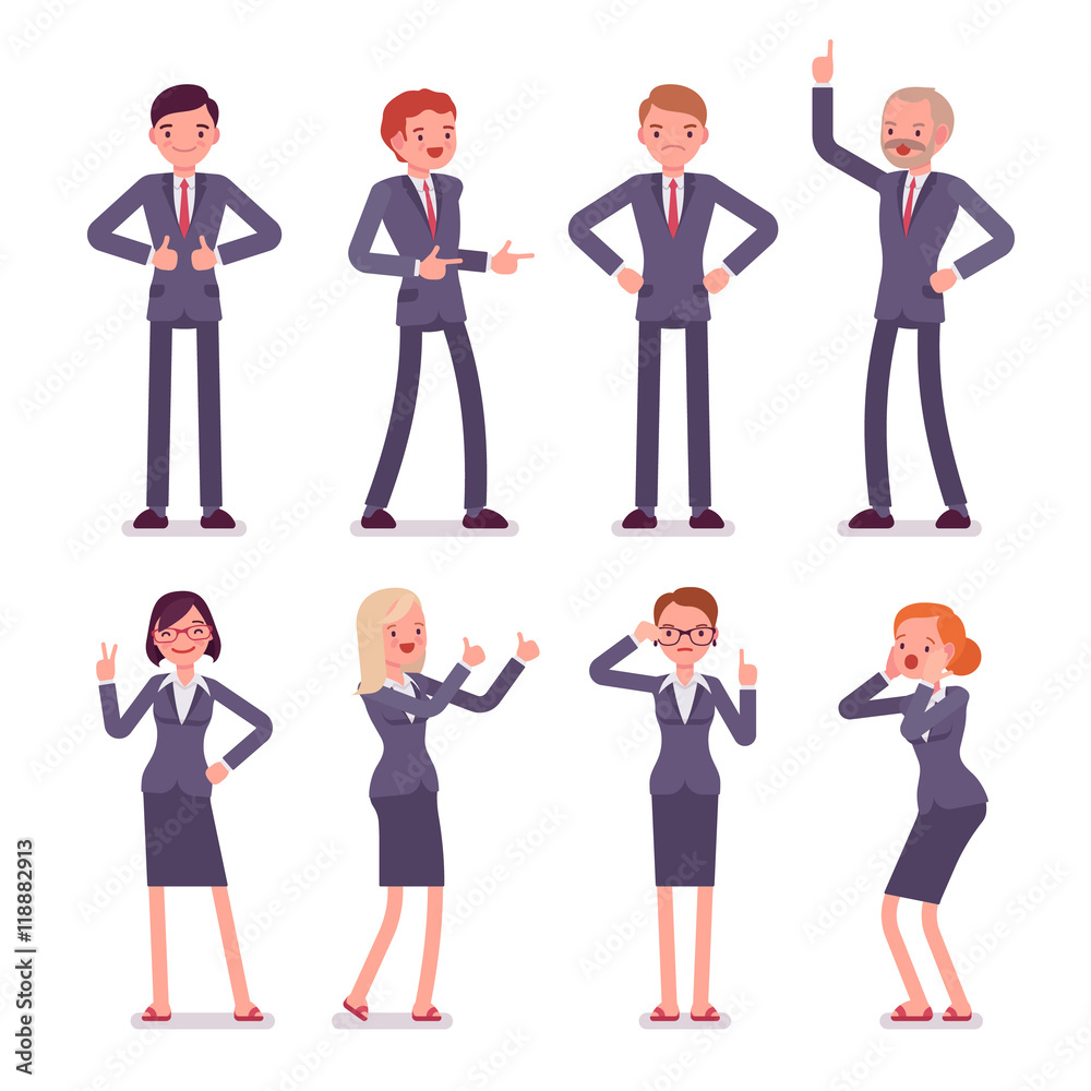 Fototapeta premium Set of eight business male and female characters in a formal wear. Finger up, akimbo, gun, thumb up, surprised, instructive, strict, thumb up, victory. Cartoon vector flat-style illustration