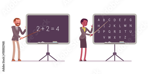 Teachers are teaching maths and alphabet on the blackboard. Cartoon vector flat-style illustration