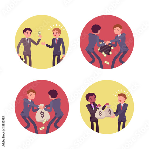 Set of four business scenes. Businessmen are handing, receiving and struggling for money. Cartoon vector flat-style concept illustration