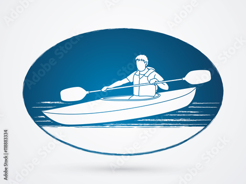 A man kayaking on circle background graphic vector.