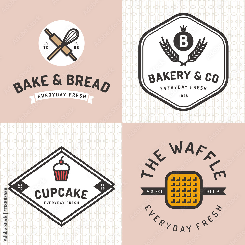 Set of badges, banner, labels, logos, icons, objects and elements for bakery shop with seamless pattern. Vector illustration.