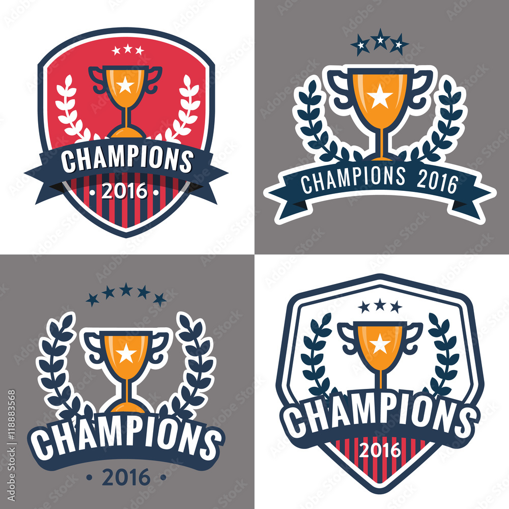 Obraz premium Set of badges, emblem and logos for Champion sports league with trophy. Vector illustration.