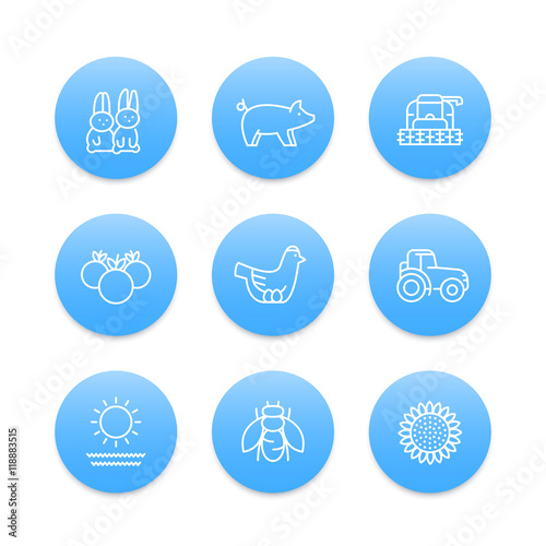 Farm, ranch line icons, harvester, hen, pig, crop, vegetables, sunflower, vector illustration