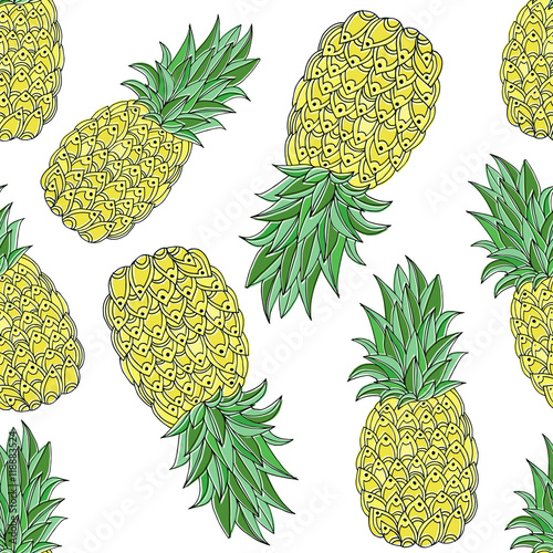 Vector seamless pineapple pattern with hand drawn doodle pineapples