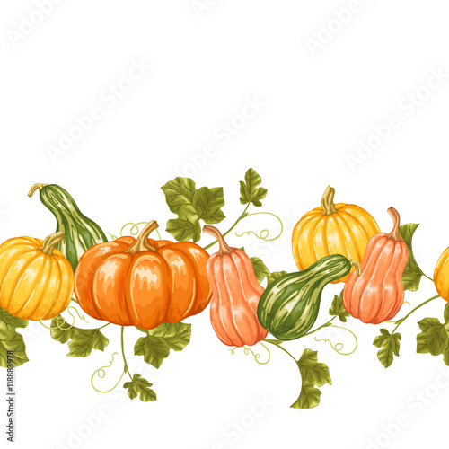 Seamless border with pumpkins. Decorative ornament from vegetables and leaves