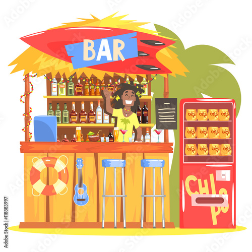 Beach Bar In Tropical Style Design With Smiling Resta Barman