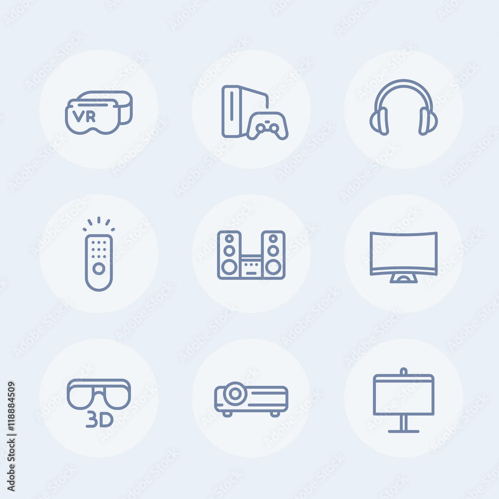home entertainment system line icons, virtual reality glasses, multimedia projector, 3d, curved tv, audio speakers, headset, game home entertainment system line icons, virtual reality glasses, multimedia projector, 3d, curved tv, audio speakers, headset, game