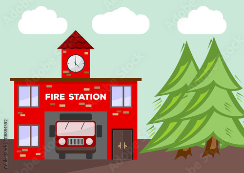 Building of fire station with a truck car in garage. Illustrated vector with flat color style.