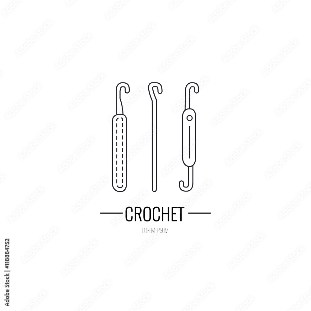 Crochet logo. Modern vector line icon of crocheting, hook. Outline symbol for knitting shops, clubs. Knitting design element for sites. Crocheted business logo. Hand made. Crochet logo. Modern vector line icon of crocheting, hook. Outline symbol for knitting shops, clubs. Knitting design element for sites. Crocheted business logo. Hand made.
