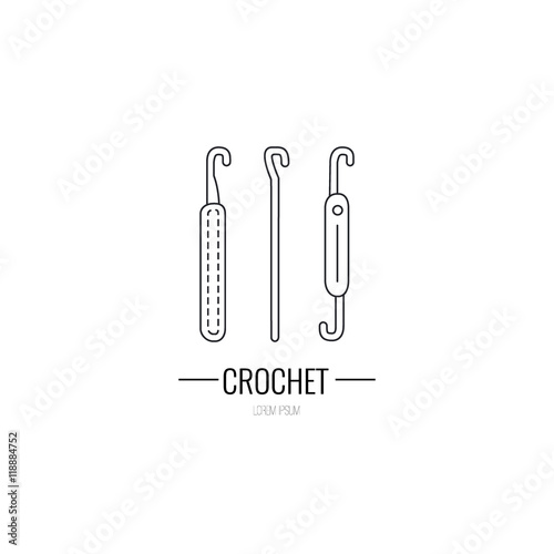 Crochet logo. Modern vector line icon of crocheting, hook. Outline symbol for knitting shops, clubs. Knitting design element for sites. Crocheted business logo. Hand made.
