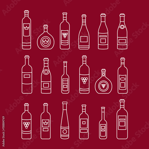 Set of wine bottles outline. Isolated wine bottles. Different kinds of wine. Design elements for banners, wine markets, alcohol advertising, bars and vineyards. Template for site, menu, infographics