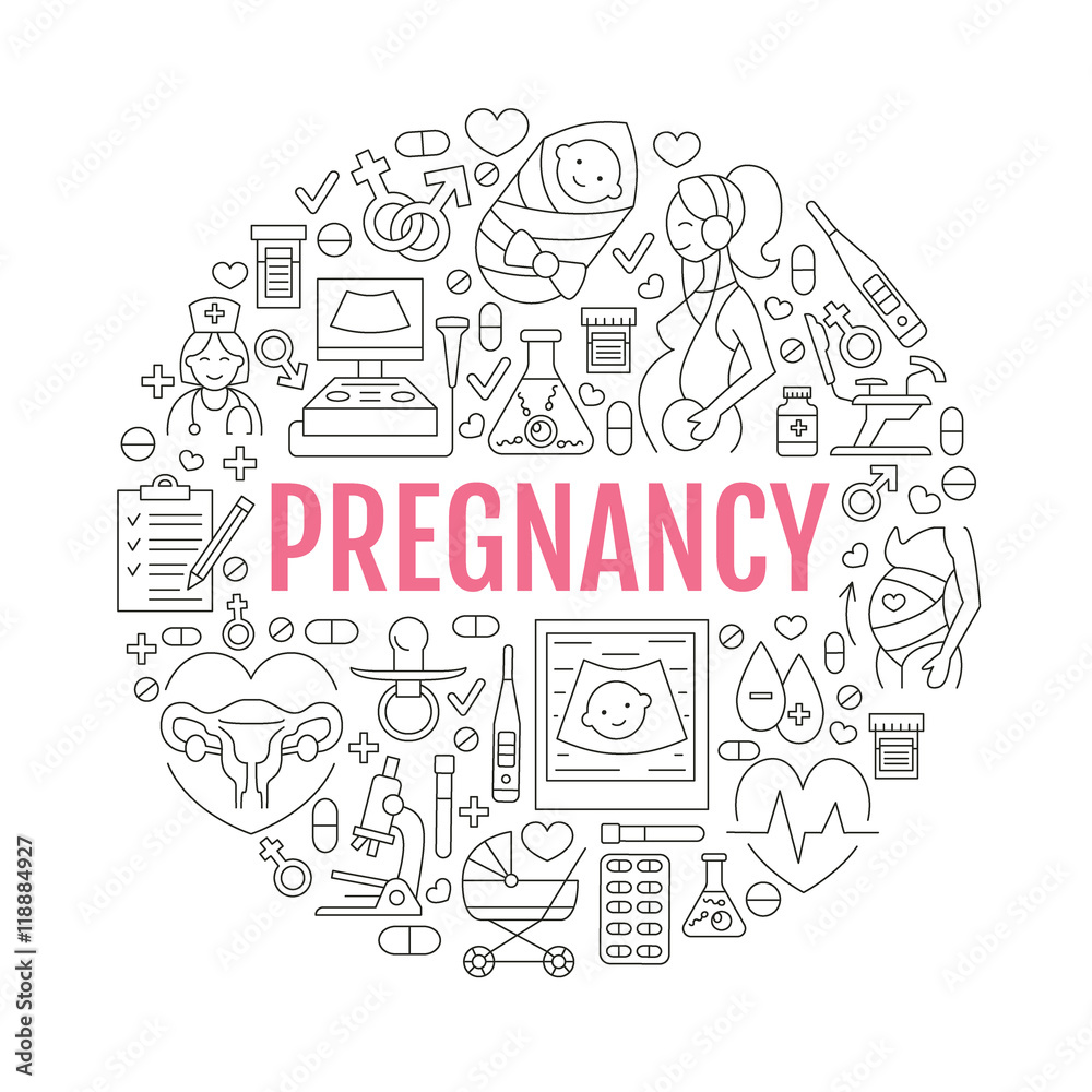 Medical poster template. Vector line illustration of pregnancy, fertility and obstetrics. Gynecology elements - chair, check-up, test, doctor, ultrasound, baby. Healthcare poster, editable stroke
