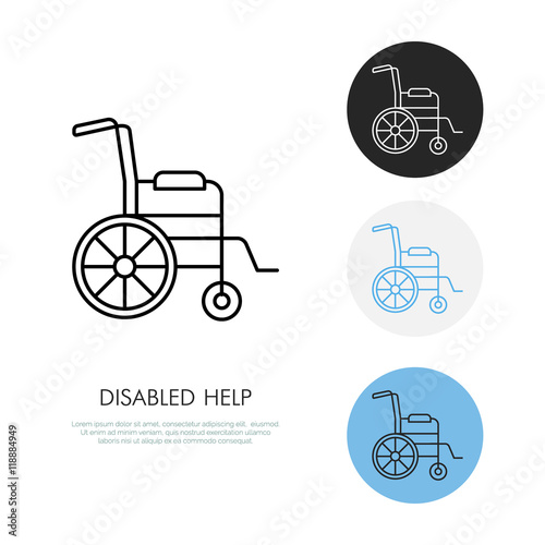 Modern vector line icon of wheelchair. Disabled people help linear logo. Outline symbol for handicapped. Special needs design element for site, poster. Medical equipment business logotype, street sign