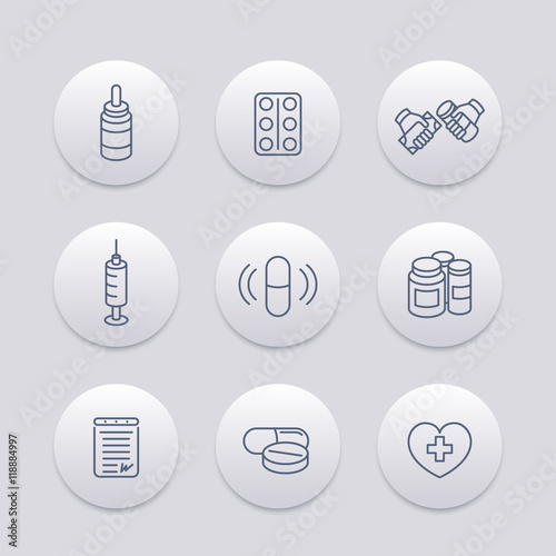 medicine, drugs, pills line icons, pharmaceutics, supplements, pharmaceuticals, therapy, treatment, medication, vaccination