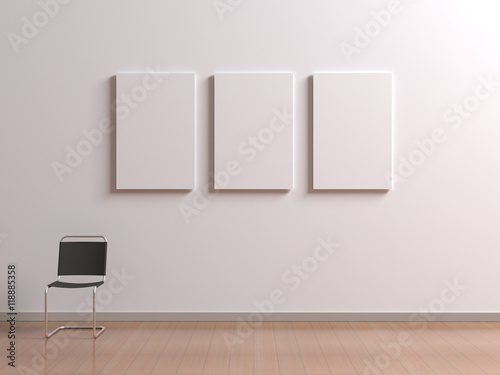 Interior with chair for visitors or staff member, posters template with clean blank for branding design or advertising on white wall. Paintings frame set mock up in museum or gallery. 3d illustration © apeskoff
