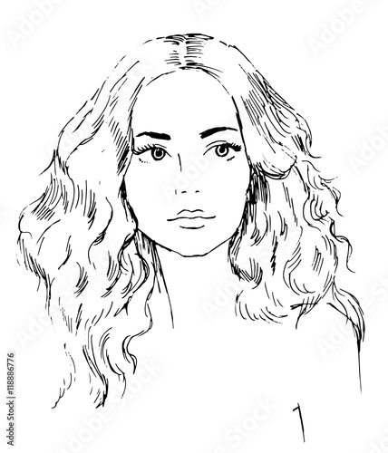 portrait of young beautiful woman, tress hair, hand drawn vector illustration, sketch
