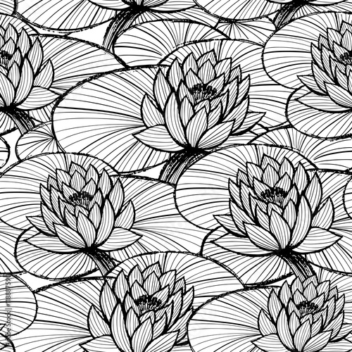 Lotus ink hand drawn seamless pattern Black and white water lily