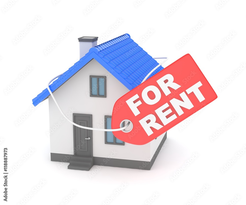 Miniature model of house real estate for rent label on white background ...