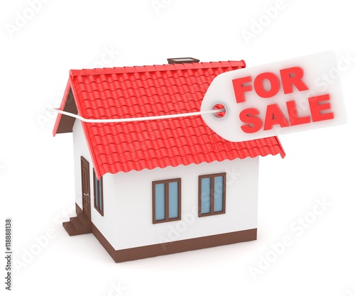Miniature model of house real estate for sale label on white background. 3D rendering.