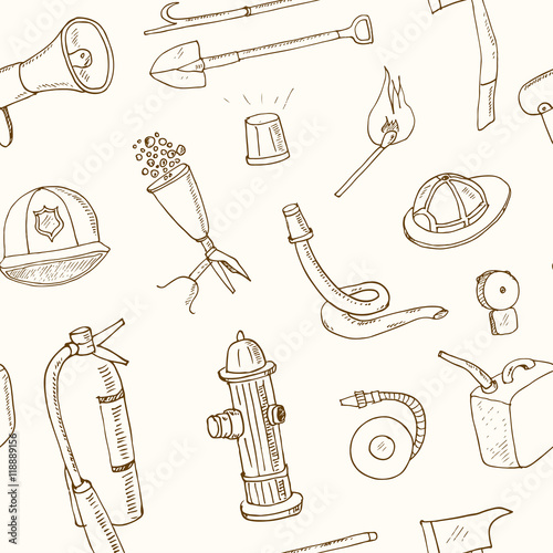 Doodle fire fighting tools set Vintage illustration