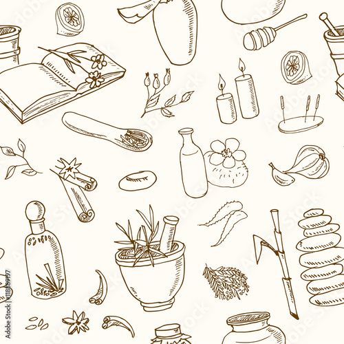 Doodle Set of ayurveda elements Vintage illustration