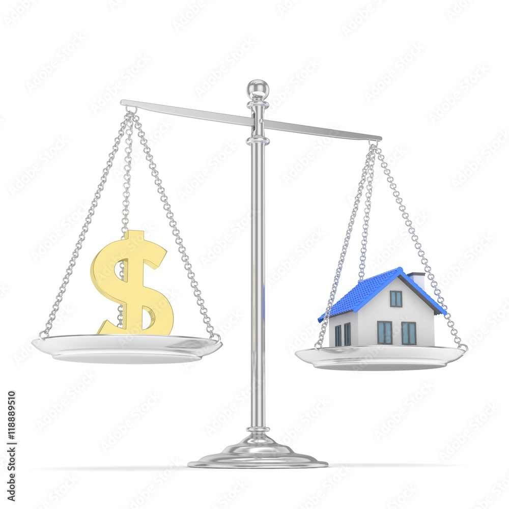 Isolated silver scales with golden dollar and house on white background. Investment or savings concept. Real estate and currency. 3D rendering. Isolated silver scales with golden dollar and house on white background. Investment or savings concept. Real estate and currency. 3D rendering.