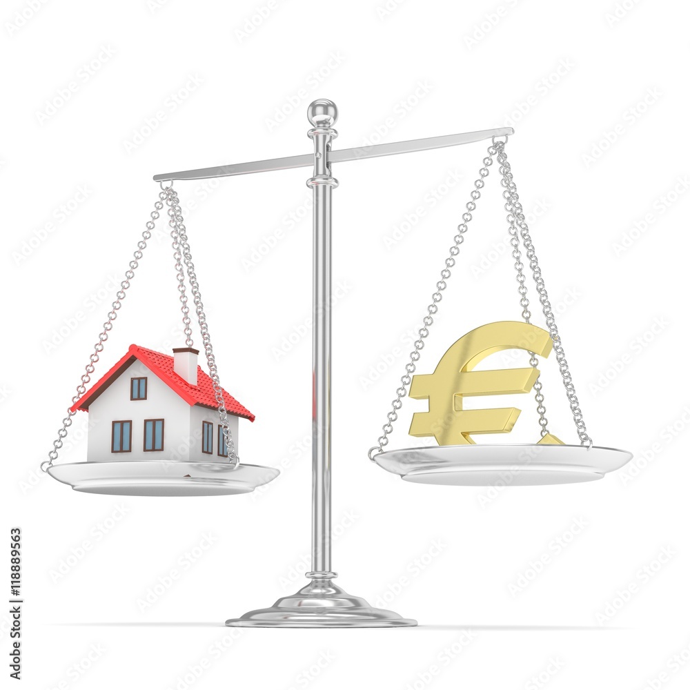 Isolated silver scales with golden euro and house on white background. Investment or savings concept. Real estate and currency. 3D rendering. Isolated silver scales with golden euro and house on white background. Investment or savings concept. Real estate and currency. 3D rendering.