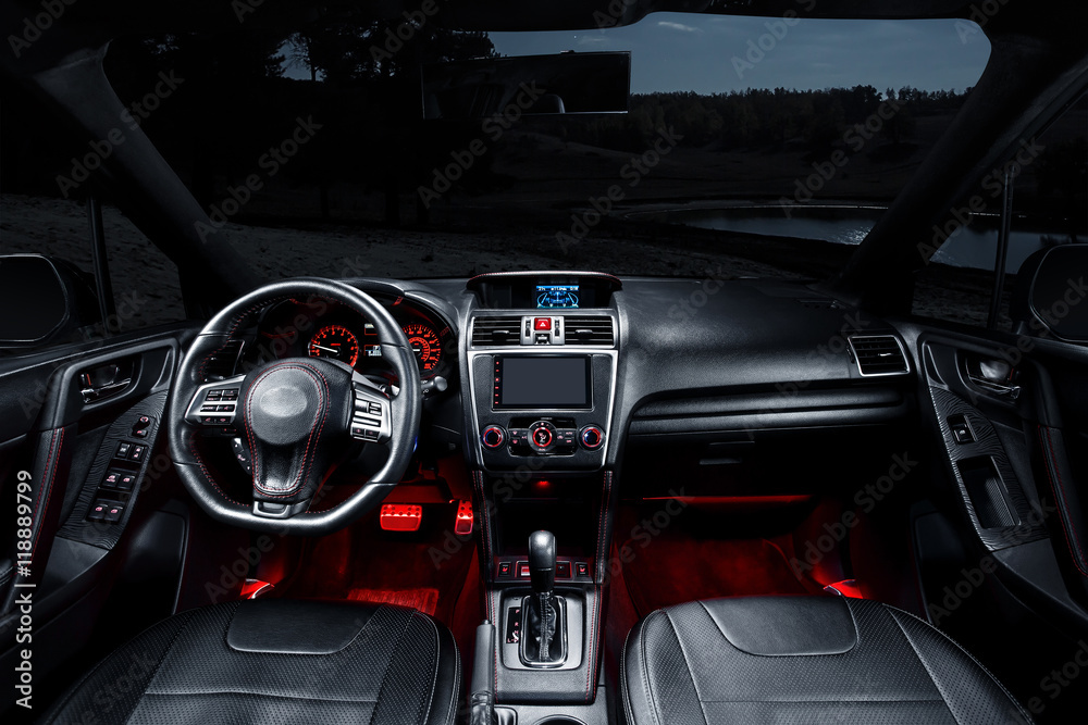 Modern interior of premium car with leather seats