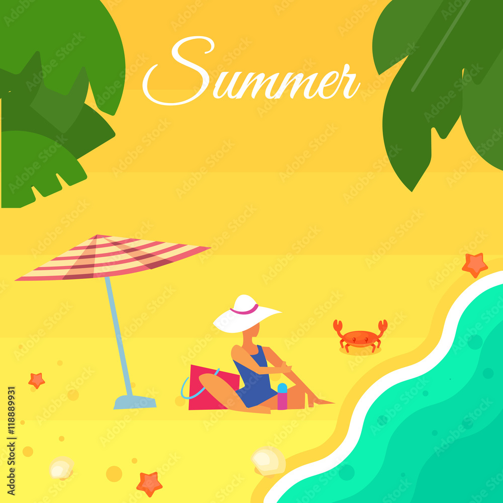 Summer banner vector illustration. Sexy girl in blue swimsuit sunbathes on beach under striped umbrella. Sand beach with sea crab, palm leaves and starfish. Summer background. Summer vacation