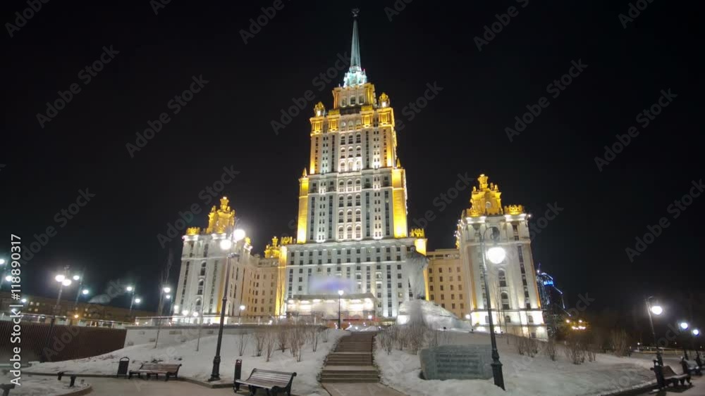 Hotel Ukraine winter night timelapse hyperlapse with Shevchenko monument on Moscow River. Hotel Ukraine winter night timelapse hyperlapse with Shevchenko monument on Moscow River.