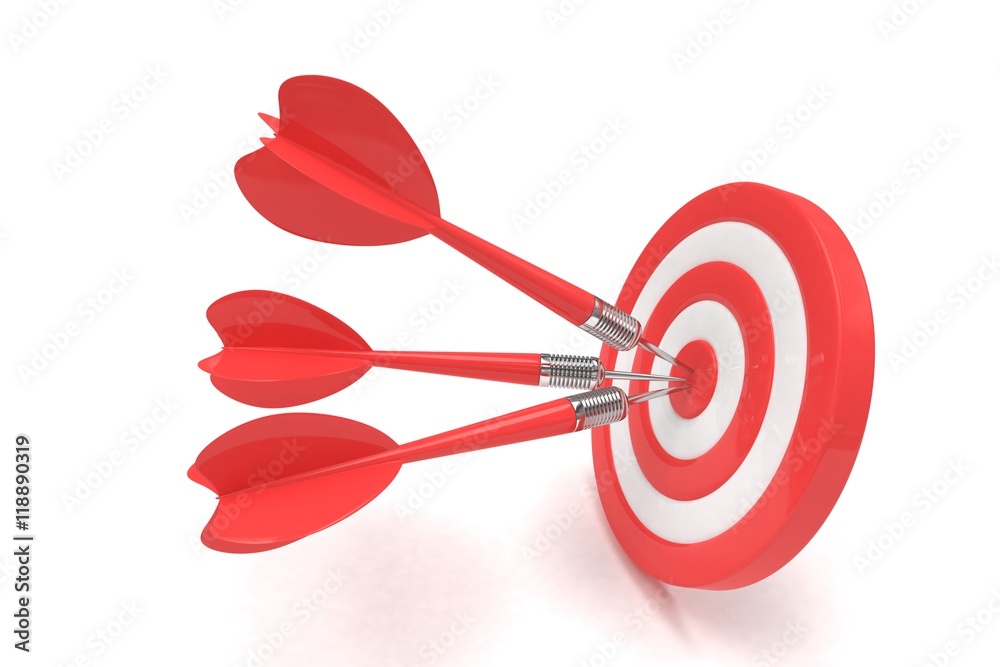 Three arrows darts in center. 3d rendering.