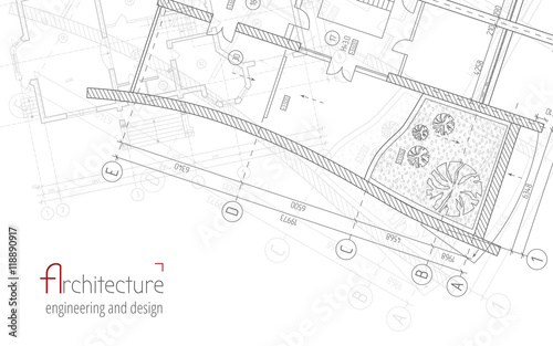 Architectural vector background. Gray building plan silhouette and logo architecture, engineering and design company.