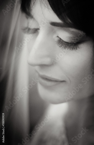 Black and white portrait of bride's beautiful calm face