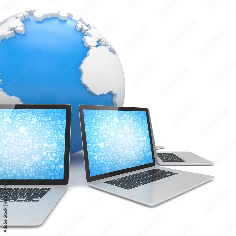 Laptop network around earth globe. 3d render Laptop network around earth globe. 3d render