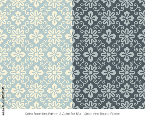 Retro Seamless Pattern 2 Color Set_534 Spiral Vine Round Flower
