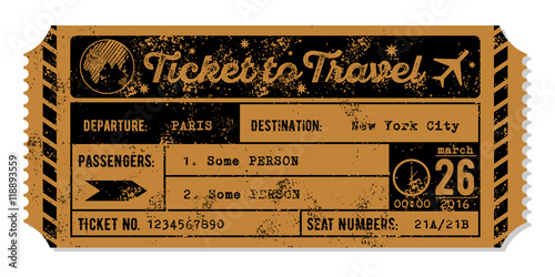 Vintage grungy airplane ticket. Travel concept.