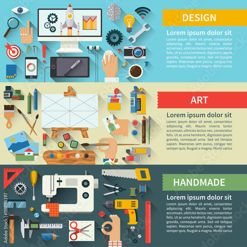 Set of flat design concepts of creative process. Fine art, web design, handmade. Vector illustration
