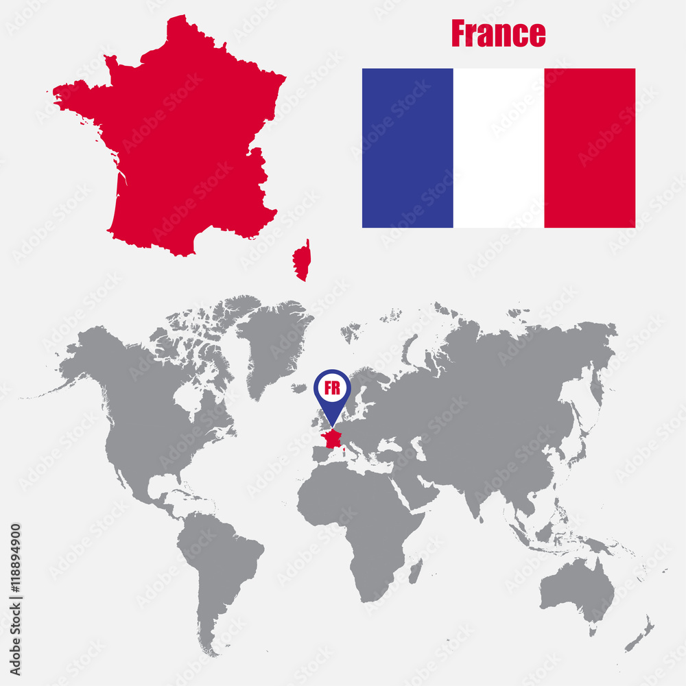 Obraz premium France map on a world map with flag and map pointer. Vector illustration