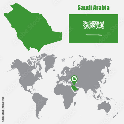 Saudi Arabia map on a world map with flag and map pointer. Vector illustration