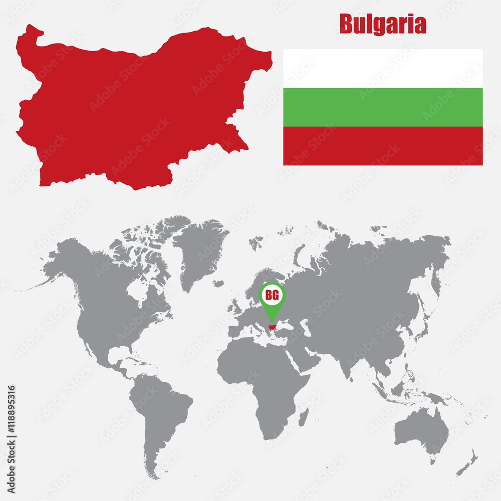 Bulgaria map on a world map with flag and map pointer. Vector illustration