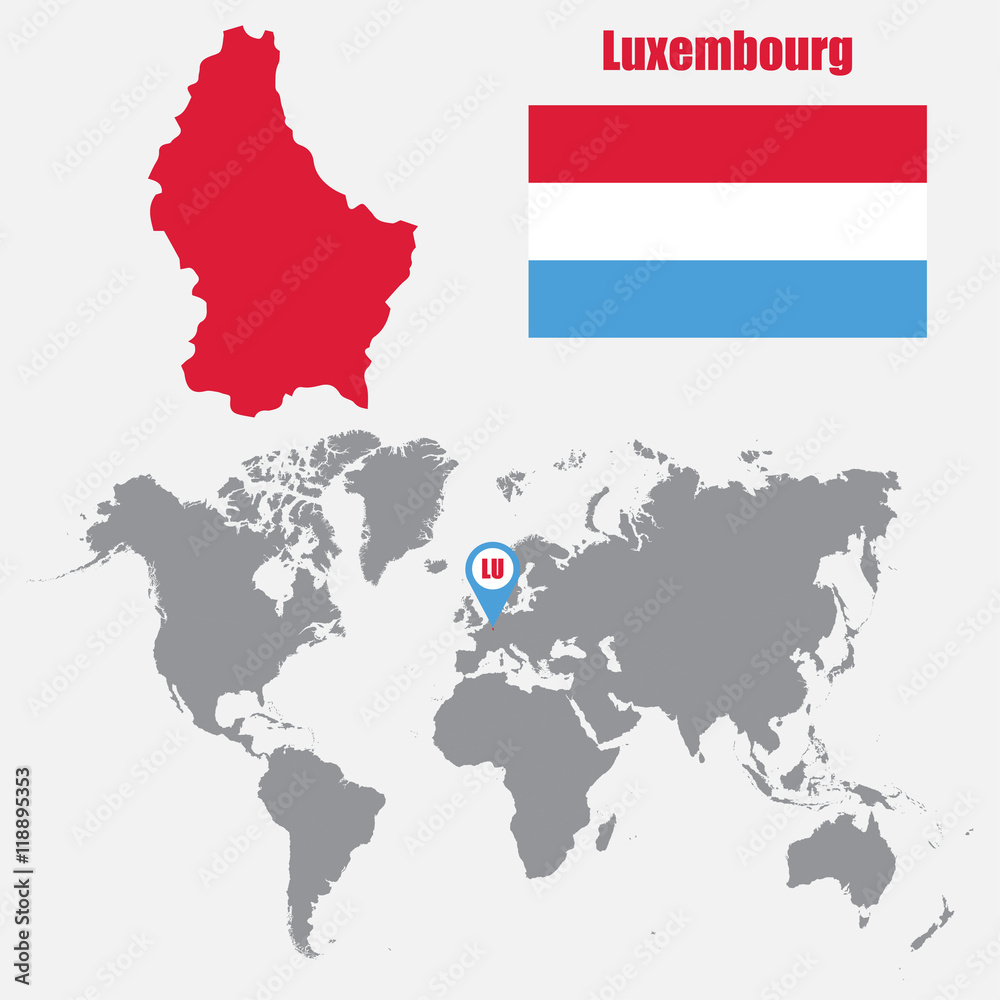 Luxembourg map on a world map with flag and map pointer. Vector illustration