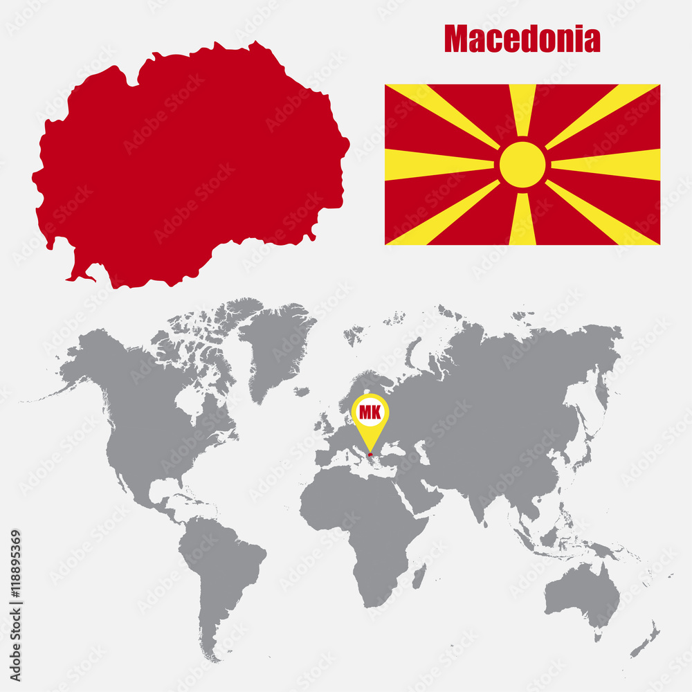 Obraz premium Macedonia map on a world map with flag and map pointer. Vector illustration