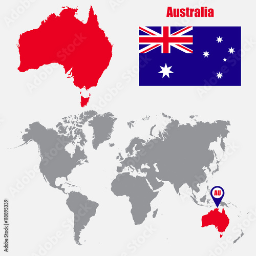 Australia map on a world map with flag and map pointer. Vector illustration