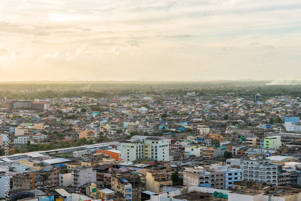 Aerial view over Hadyai city, Thailand in most cloudy day before sunset.