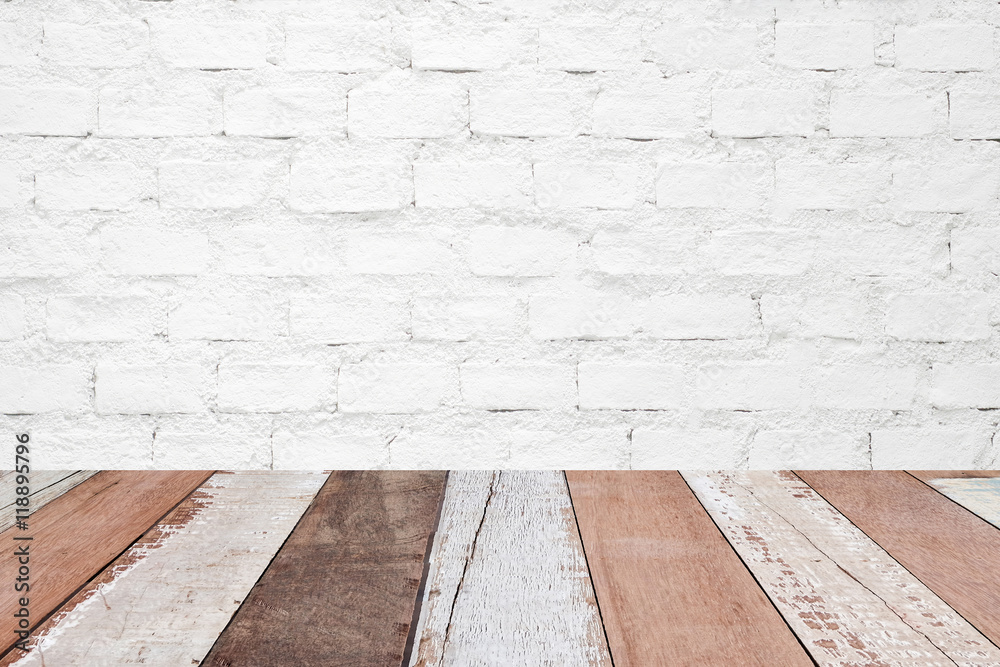 Fototapeta premium Perspective vintage wood over white brick wall background