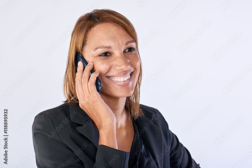 Mixed race woman with mobile cell phone sales support Mixed race woman with mobile cell phone sales support