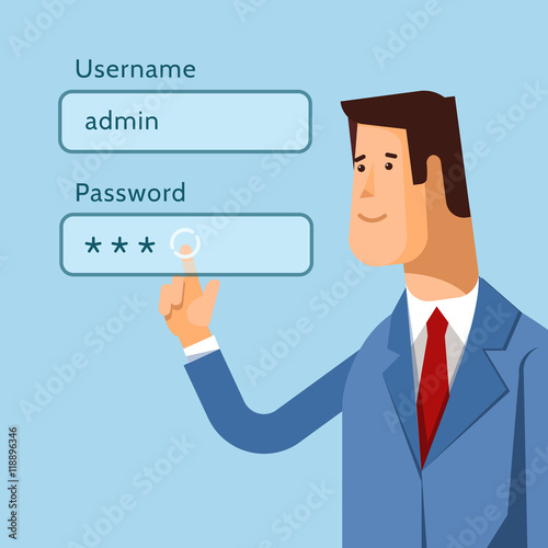 Vector illustration admin pushing username and password fields login box