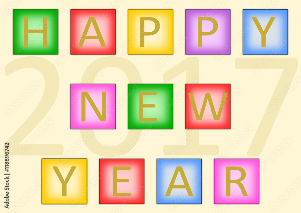 Bunter Schriftzug „Happy New Year“ aus bunten Quadraten gebildet und im Hintergrund die große Jahreszahl 2017 Bunter Schriftzug „Happy New Year“ aus bunten Quadraten gebildet und im Hintergrund die große Jahreszahl 2017